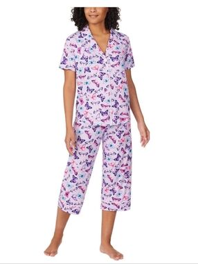 Room Service Butterfly Purple Soft Short Sleeve And Capri Pajama Set XXL